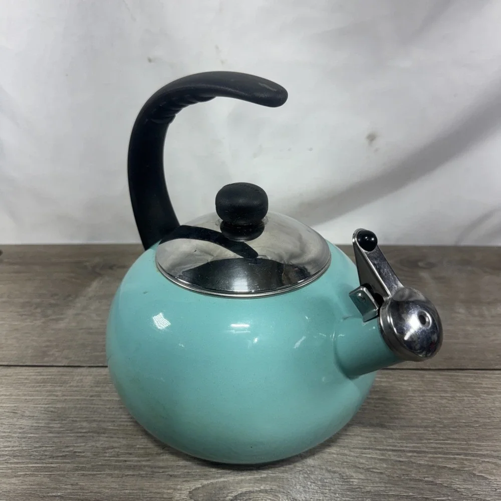 Farberware Luna Whistling Tea Pot Kettle 2.5 qt Aqua Enamel on Steel